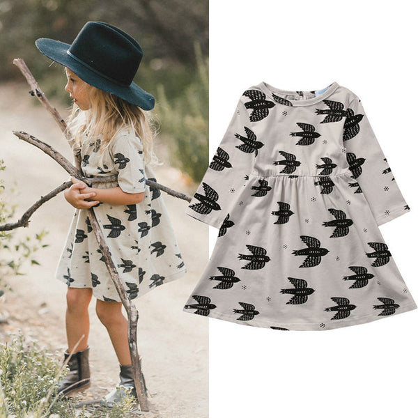 Sparrow-Print Long Sleeve Dress